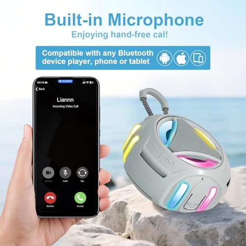 Portable Bluetooth Speaker, IPX7 Waterproof Shower Speaker, Wireless Outdoor Speakers, Floating, Built-in Mic, 24H Playtime with LED Lights, Loud HD Sound, Powerful Bass, Gifts for Unisex - Gray - color: Gray