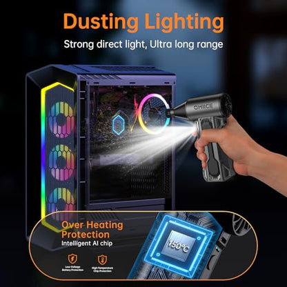 Compressed Air Duster, 150000RPM Electric Air Duster with 3 Gear Speed Adjustable, Rechargeable Cordless Dust Cleaner with Brush/Lighting for Keyboard, PC, Car, Outdoor, Air Bed