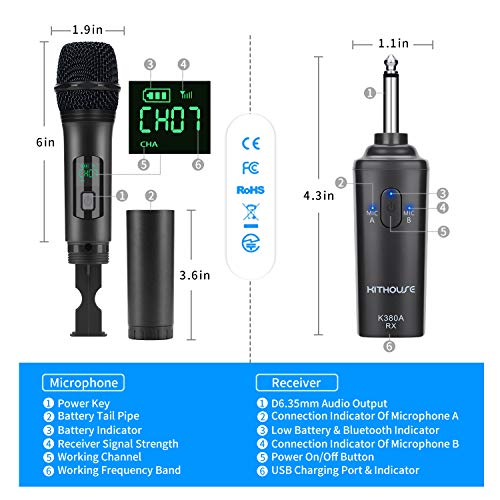 K380A Wireless Microphones - Dual UHF Handheld Cordless Mics with Rechargeable Bluetooth Receiver - Karaoke/Speech/Church (Elegant Black)