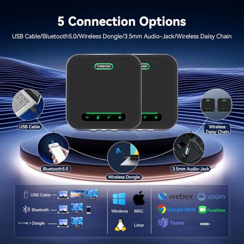 Wireless Conference Speaker and Microphone, 2-in-1 Daisy Chain Bluetooth Speakerphone with 4 Mics Arrays and 360° Voice Pickup and Noise Reduction,Bluetooth/USB/Dongle connection Methods for 30 People - color: Jet
