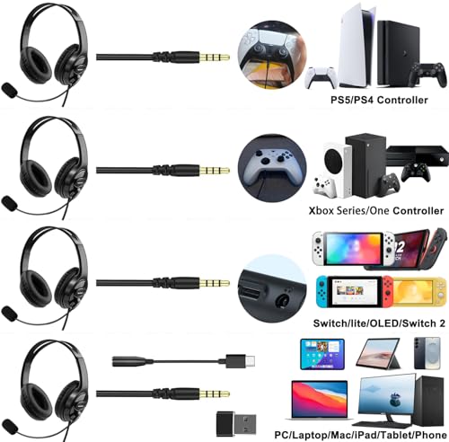 Megadream Wired Gaming Headset with Mic (3.5mm) - Headphone with to-Shiba Speaker, Protein Earpads Braided Cable for PS5/PS4/Xbox/Switch/PC/iPad/Tablet/Remote Work/Office- with USB-C/USB-A Adapter - color: Black | Dual Ear | Flexible Mic