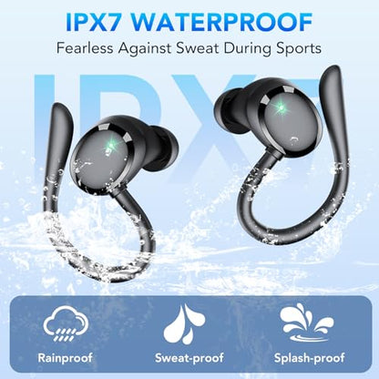 KT1 Bluetooth Headphones Wireless Earbuds 72hrs Playtime Wireless Charging Case Digital Display, Ear Buds with Earhook,IPX7 Waterproof, Deep Bass 2.0,Over-Ear Earphones for Sport Running, Black - color: Black