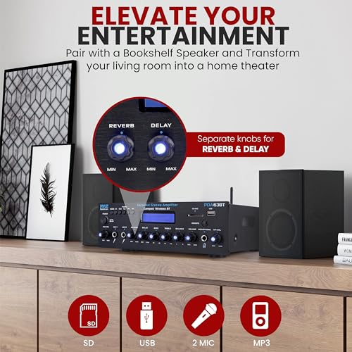 Pyle Wireless BT Stereo Amplifier - Multi Channel, 200 Watt Power, Home Audio Receiver System with FM Radio, BT, USB SD, AUX, RCA, Mic-in, BT and FM Antenna