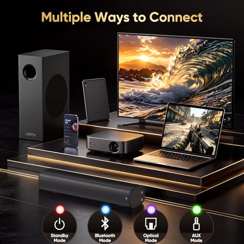 Sound Bar with Wired Subwoofer for TV, 70W 2.1 Channel Soundbar | 14" Compact Design, Deep Bass, Surround Sound System, Bluetooth 5.3, Optical/AUX, Home Theater System for TV, PC & Gaming