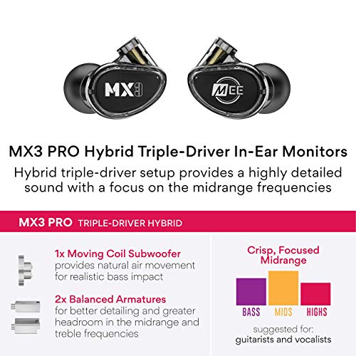 MEE audio Professional MX3 PRO Triple-Driver Hybrid Musician's in Ear Monitor Headphones with Enhanced Midrange and Warm Tonality, Noise Isolating Earphones with Detachable Cables, Black - color: Black, size: MX3 PRO