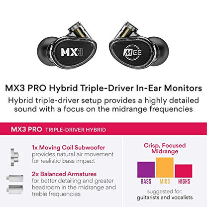 MEE audio Professional MX3 PRO Triple-Driver Hybrid Musician's in Ear Monitor Headphones with Enhanced Midrange and Warm Tonality, Noise Isolating Earphones with Detachable Cables, Black - color: Black, size: MX3 PRO