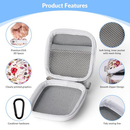 Unique Patterned Portable EVA Earbud Case with Carabiner | Printed Earbud Holder With Sturdy Carabiner, Multi-Use Storage For Earphones, Headphones, SD Cards & Small Electronic Chips - color: Beige flowers