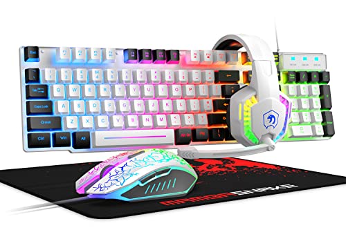 Wired Rainbow LED Backlit Keyboard and Mouse, Over Ear Headphone with Mic, Gaming Mice and Pad, for PC, Xbox and PS4 (White/Black) - color: White/Black