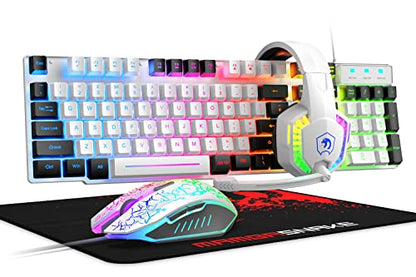 Wired Rainbow LED Backlit Keyboard and Mouse, Over Ear Headphone with Mic, Gaming Mice and Pad, for PC, Xbox and PS4 (White/Black) - color: White/Black