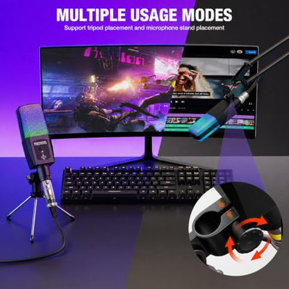 Gaming Microphone for PC, 3.5mm AUX/XLR RGB Condenser Mic for Streaming | Plug and Play | Easy Setup for Videos YouTube Creator Streamer Starter Gamers | Podcast Mic with Desktop Stand for PC/Laptop