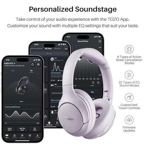 TOZO Hybrid Active Noise Cancelling Headphones, Hi Res Audio | Wireless Over Ear Bluetooth Headset, 60H Playtime, Custom EQ via App Deep Bass Comfort Fit Ear Cups, for Home Office Travel - color: Purple