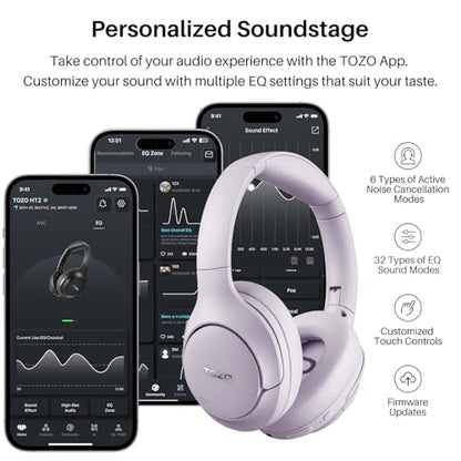 TOZO Hybrid Active Noise Cancelling Headphones, Hi Res Audio | Wireless Over Ear Bluetooth Headset, 60H Playtime, Custom EQ via App Deep Bass Comfort Fit Ear Cups, for Home Office Travel - color: Purple