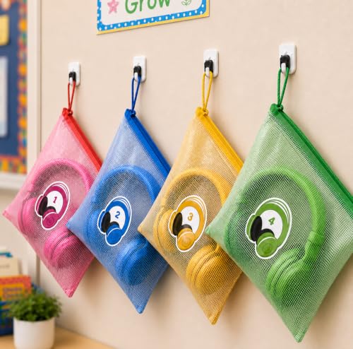 24 PCS Classroom Headphone Storage Bags, Large Mesh Zipper Headphone Bags with Loops and Number Labels, Colorful Headset Organizer Pouches for School, Library and Learning Center