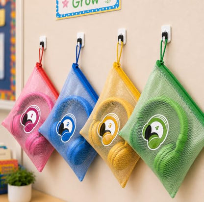 24 PCS Classroom Headphone Storage Bags, Large Mesh Zipper Headphone Bags with Loops and Number Labels, Colorful Headset Organizer Pouches for School, Library and Learning Center