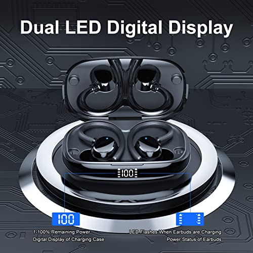Wireless Earbuds for Small Ear, HiFi Stereo Sport Bluetooth 5.3 Headphones with Earhooks, 48H Deep Bass Ear Buds with LED Display, Noise Cancelling, IP7 Waterproof Earphones Built-in Mic for Running - color: Black