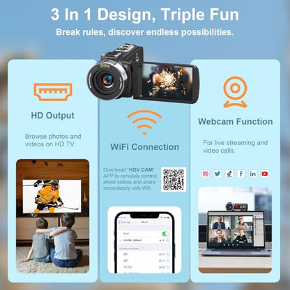 8K 64MP Video Camera Camcorder IR Night Vision Vlogging Camera 18X Zoom WiFi Digital Camera for YouTube 3.0'' Touch Screen Camcorder with 64GB SD Card, 2 Batteries, Remote Control, Mic and Stabilizer