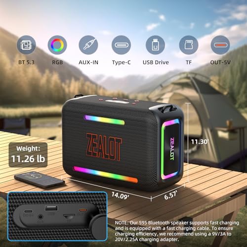 ZEALOT 120W RMS(150W Peak) Bluetooth Speaker, Portable Wireless Speakers IPX6 Waterproof Loud Bluetooth Subwoofer Speaker with LED Light, 40H Playtime, Custom EQ, Stereo TWS Pairing for Outdoor, Party - color: Black