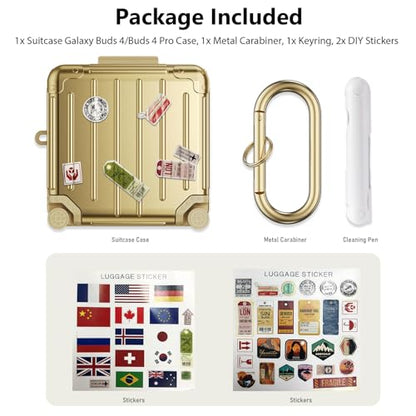 KOREDA Compatible with Samsung Galaxy Buds 4 Case/Buds 4 Pro Case Cover, Cute Funny Suitcase Design Case for Galaxy Buds 4 Pro, Fashion Protective Hard Case for Women Men with Keychain - color: Champaign Gold
