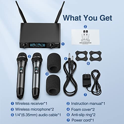 Wireless Karaoke Microphone Kit, Professional UHF Handheld Metal Dynamic Microphones Systems, 200ft Range, Adjustable Channels, Dual Mics Inalambrico for Church Singing DJ Wedding - color: Battery-Powered