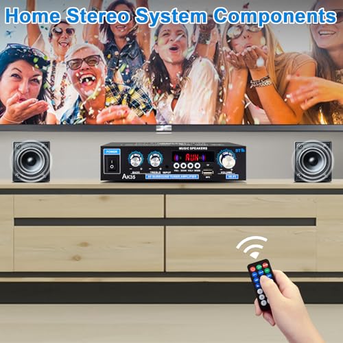 AK35 200W Stereo Audio Amplifier Bluetooth 5.0, 2.0 Channel Mini Amplifier Stereo Receivers with Bass & Treble Control,Home Amplifier w/AUX, USB, SD Card Input,Remote Control - color: black-AK35