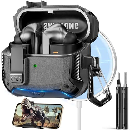 Safety Lock Case for Samsung Galaxy Buds3 FE/Pro/3 (Gray) | Compatible with MagSafe, with Phone Stand& Cleaning kit,Keychain, - color: A-A-A-gray