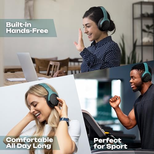 PowerLocus Bluetooth Headphones Over Ear, 60H Playtime, 4 EQ Modes Wireless Headphones with Microphone, Hi-Fi Stereo Deep Bass Foldable Headphone, Soft Foam Ear Cups,Fast Charging for Travel/PC/Phones - color: Grey/Mint