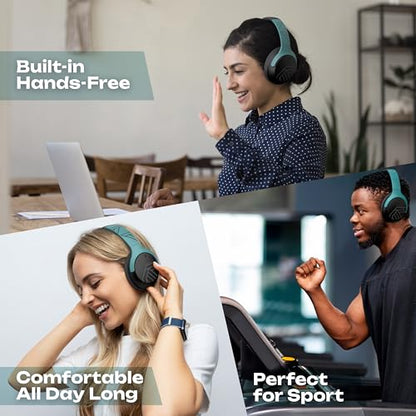 PowerLocus Bluetooth Headphones Over Ear, 60H Playtime, 4 EQ Modes Wireless Headphones with Microphone, Hi-Fi Stereo Deep Bass Foldable Headphone, Soft Foam Ear Cups,Fast Charging for Travel/PC/Phones - color: Grey/Mint
