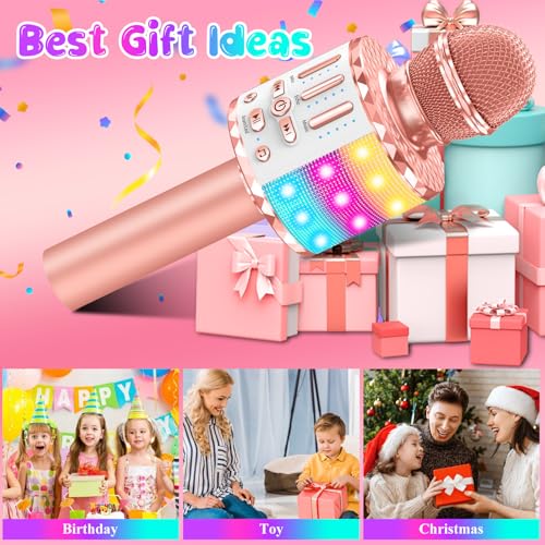Karaoke Microphone Toys for Kids, Wireless Bluetooth Mic with Lights & Speaker, Portable Home KTV Player System, Perfect Birthday Party for 3-12 Year Old Boys & Girls - color: Rose Gold