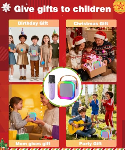 Mini Kids Karaoke Machine Ages 3-12, Wireless Microphones Bluetooth Speaker | LED Party Lights, Voice Changer, Duets, BT 5.3, Rechargeable Portable, Birthday Christmas Toys & Gifts for Boys & Girls - color: Purple - 1 Mic