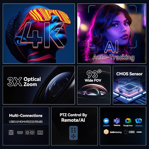 TONGVEO PTZ Camera 4K UHD AI Auto Tracking 3X Optical Zoom HDMI/USB3.0 Video Conference Camera for Church Worship Live Streaming Meeting Online Learn with Zoom YouTube OBS and More - color: Abyss