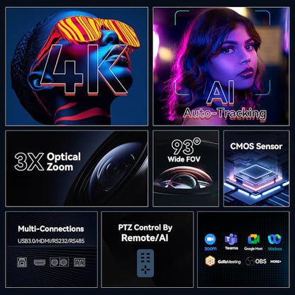 TONGVEO PTZ Camera 4K UHD AI Auto Tracking 3X Optical Zoom HDMI/USB3.0 Video Conference Camera for Church Worship Live Streaming Meeting Online Learn with Zoom YouTube OBS and More - color: Abyss