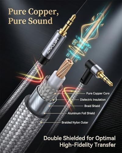 90-Degree Right Angle Aux Cord 15ft, 3.5mm Audio Cable Nylon Braided, Hi-Fi Stereo Sound for Car Stereo, Headphones, Speakers, Desktop Gaming - No Bulk, No Strain - size: 15 ft
