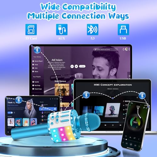 Karaoke Microphone Toys for Kids, Wireless Bluetooth Mic with Lights & Speaker, Portable Home KTV Player System, Perfect Birthday Party for 3-12 Year Old Boys & Girls - color: Blue