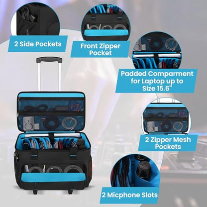 Rolling DJ Cable File Bag, DJ Gig Bag Padded Case with Detachable Trolley & Dividers, Cable Organizer with Multi-pocket & Compartment for 15.6'' Laptop, DJ Gear, Musical Instrument, Sound Equipment