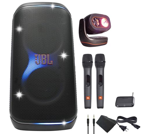 JBL PartyBox Club 120 Speaker - 160W Portable Wireless Splash Proof + Partylight Beam + Wireless Two Microphone System with Receiver + AUX Cable + Microfiber Cloth - color: Black, style: w/ Partylight & Mics