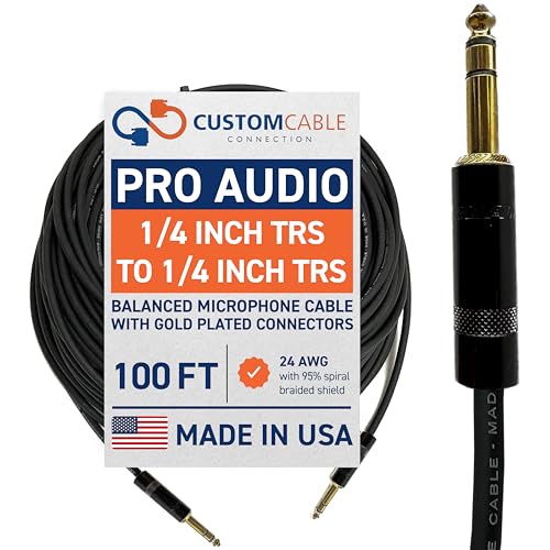 100 Foot Pro Audio REAN 1/4 inch (6.35mm) TRS to REAN 1/4 inch (6.35mm) TRS Balanced Cable with Rean NYS228BG Gold Plated connectors by Custom Cable Connection - size: 100 Foot, style: Male to Male (Black & Gold)