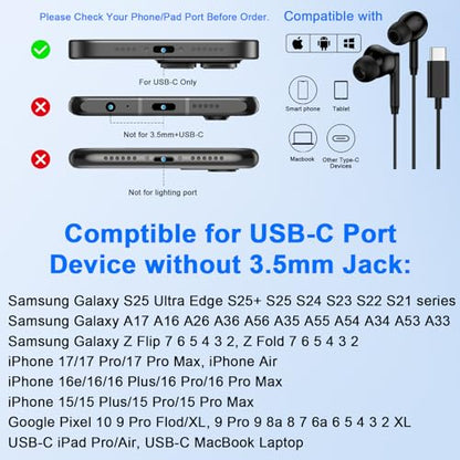 USB C Samsung Earbuds Wired Headphones for Samsung Galaxy S26 S25 Ultra S25 | FE Edge A17 A16 A36 A26 A56 iPhone 17 Ear Buds Android Phone USBC in-Ear Earphones Braided Cord Headsets with Microphone