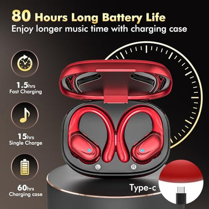 HAOYUYAN Wireless Earbuds, Sports Bluetooth Headphones, Noise Canceling Ear Buds with 80hr Playtime, LED Power Display, IPX7 Waterproof Earphones for Gym/Workout（Red） - color: Red
