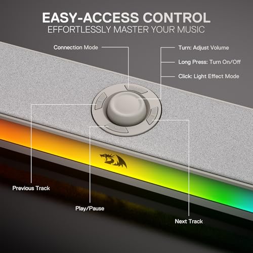 Redragon GS515 RGB Desktop Soundbar, 2.0 Stereo Enhanced Sound, BT 5.3 | 6 Dynamic Lighting Effects, Wireless & Wired Connectivity, Compact Design,Plug & Play USB Powered PC Gaming Speaker - color: Gray