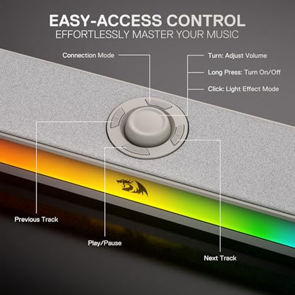 Redragon GS515 RGB Desktop Soundbar, 2.0 Stereo Enhanced Sound, BT 5.3 | 6 Dynamic Lighting Effects, Wireless & Wired Connectivity, Compact Design,Plug & Play USB Powered PC Gaming Speaker - color: Gray