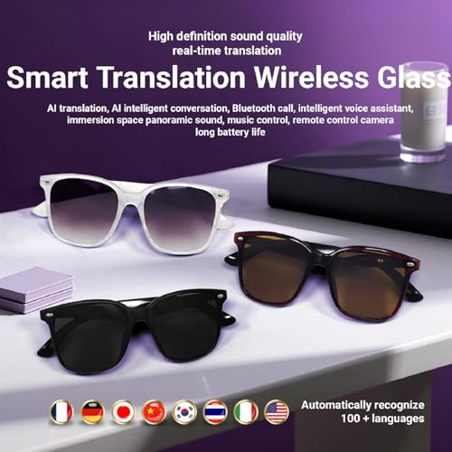 Smart AI Bluetooth Sunglasses for Women Men Translation Translator Translate Translating Headphones Audio Glasses with 150 Language & Accents UV Protection Bluetooth 5.4 Eyeglasses with Speakers - color: Coffee