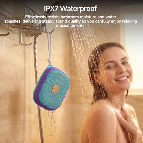 FunHub Waterproof Bluetooth Shower Speaker, Small & Light with Anti-Slip Sides, 3 Play Modes, FM Radio, Bluetooth 5.3 Immersive Stereo Sound (TWS), for Bathroom, Pool, Beach & Outdoor Party – Purple - color: Purple