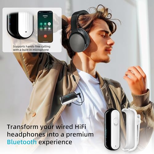 Bluetooth 5.2 Transmitter Receiver for 2 AirPods/Headphones | Flight Bluetooth Adapter for Airplane, TV, Gym with a 3.5mm Audio Jack, Wireless BT Receiver with Mic for Car/Home Stereo - color: White
