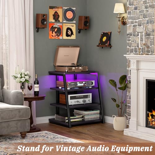 4-Tier AV Media Stand with Power Strips, Stereo Stand with LED Lights, Rack Audio Tower with Adjustable Shelves, Small Entertainment Center, 30'', Black Ebony | Corner Shelf Stand with Power Strip & LED Lights, Audio Tower HIFI Rack Stereo Shelf CRT TV St