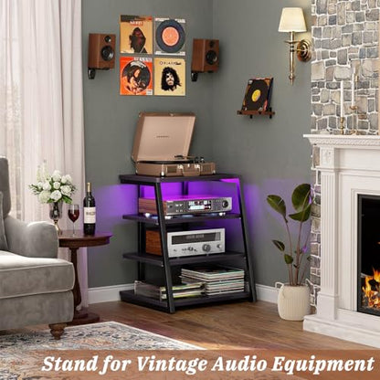 4-Tier AV Media Stand with Power Strips, Stereo Stand with LED Lights, Rack Audio Tower with Adjustable Shelves, Small Entertainment Center, 30'', Black Ebony | Corner Shelf Stand with Power Strip & LED Lights, Audio Tower HIFI Rack Stereo Shelf CRT TV St