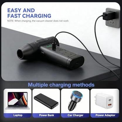 fourq Compressed Air Duster,Mini Vacuum Cleaner 2-in-1,4000 mAh,130,000 RPM Brushless Motor,8000Pa，120MPH/1.1LB Thrust Car Dryer Air Blower for Car Cleaning,Computer Cleaning
