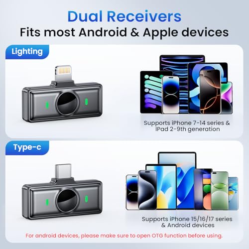 Mini Microphone for iPhone 17/16/15-7/Android/Tablet,Lavalier Wireless Microphones with Dual Receivers, DSP Noise Cancellation,Magnetic Clip,18H, Ideal for Video Recording,Podcast,Interviews, Gifts