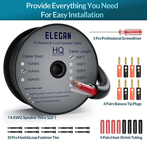 Pro Series 14/2 Outdoor Speaker Wire Cable 50 Ft 14 Gauge AWG with Tool Kits-Direct Burial in Wall CL3 CL2 Rated-PVC Jacket&Film&Cotton for Home Theater,Car Audio Speaker,Stereos-Black - size: 50FT, style: 14AWG