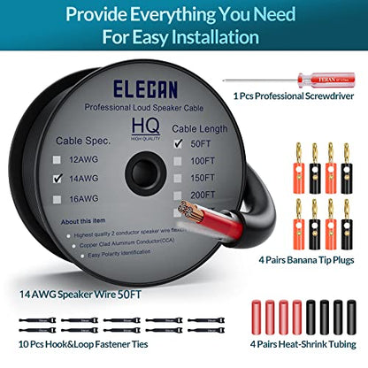 Pro Series 14/2 Outdoor Speaker Wire Cable 50 Ft 14 Gauge AWG with Tool Kits-Direct Burial in Wall CL3 CL2 Rated-PVC Jacket&Film&Cotton for Home Theater,Car Audio Speaker,Stereos-Black - size: 50FT, style: 14AWG