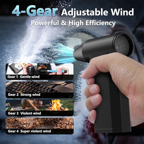 Compressed Air Duster and Vacuum, 2 in 1 4-Gear Dust Blower, Mini | 210,000RPM, Electric, Cordless, Pc, Keyboard, Car, Home, Fast Charging, Replaces Canned Air, 2 Nozzles and Brushes, Black